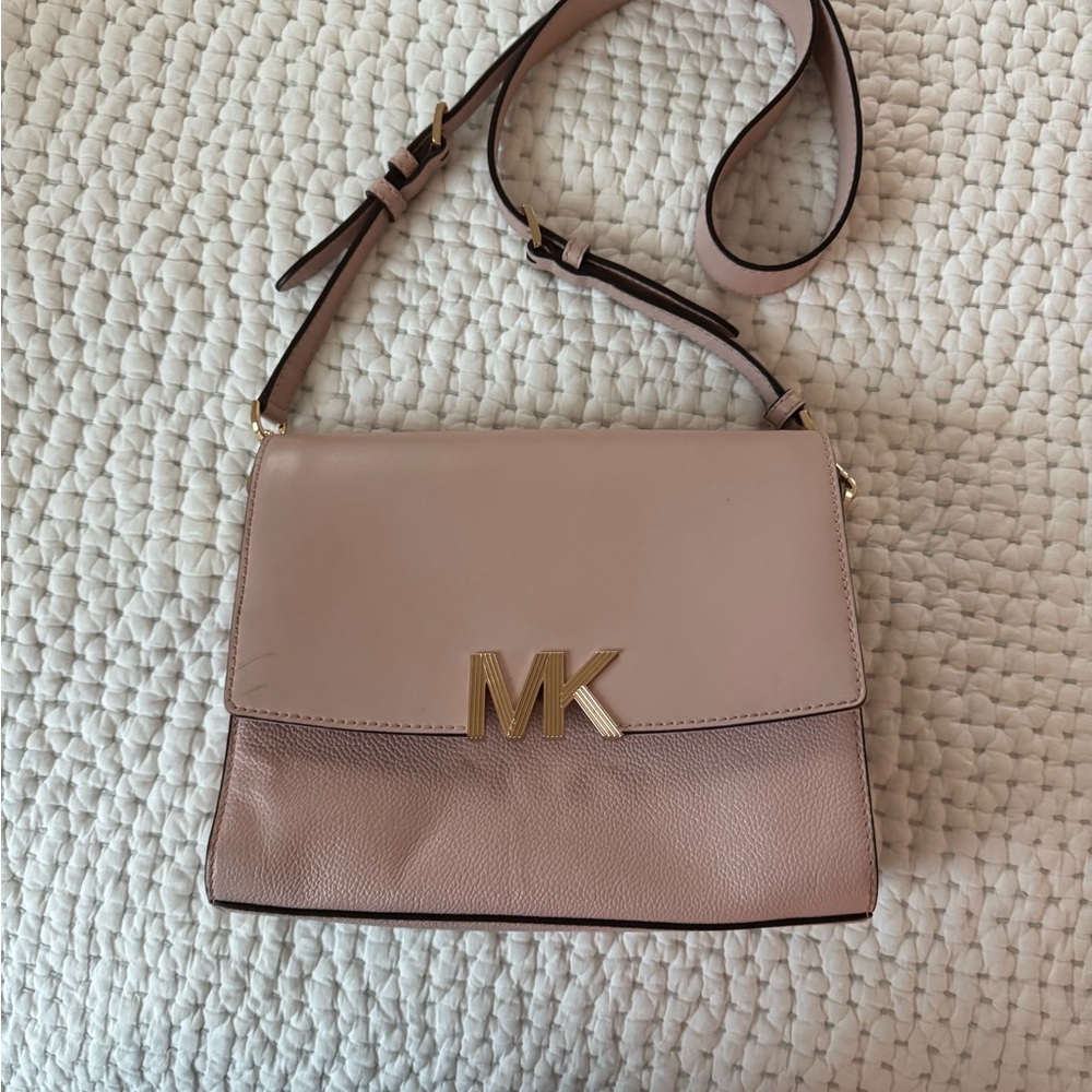Michael Kors Pink Crossbody Bag with Gold Logo and Adjustable Strap